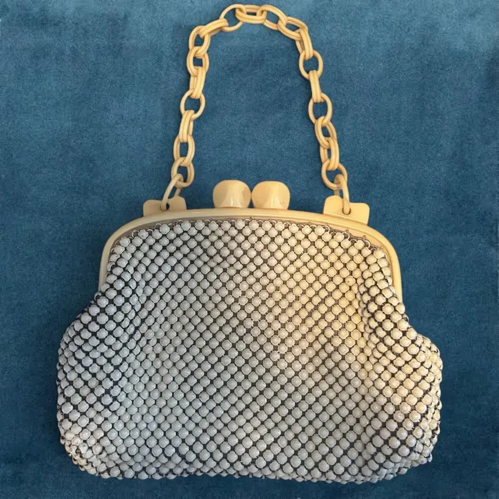 Whiting & Davis Alumesh Enamel Handbag Lucite Frame Handle & org Change Purse.